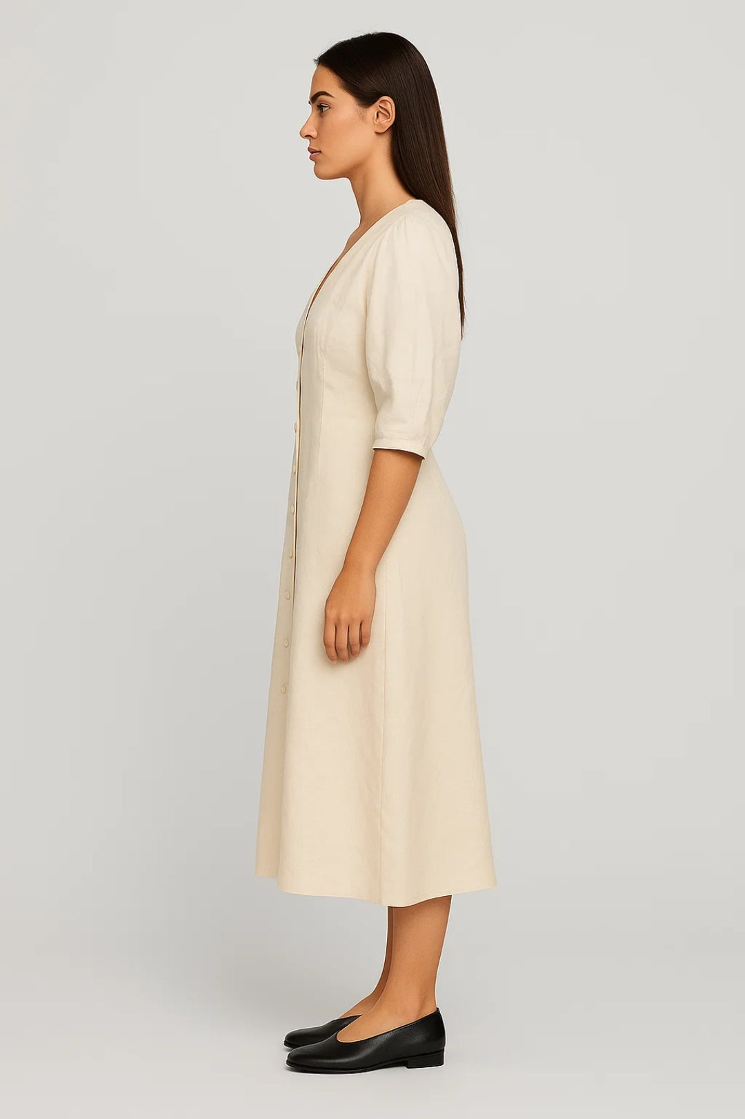 Robe midi boutonnée | Robe à manches bouffantes 3/4 | Légère et respirante