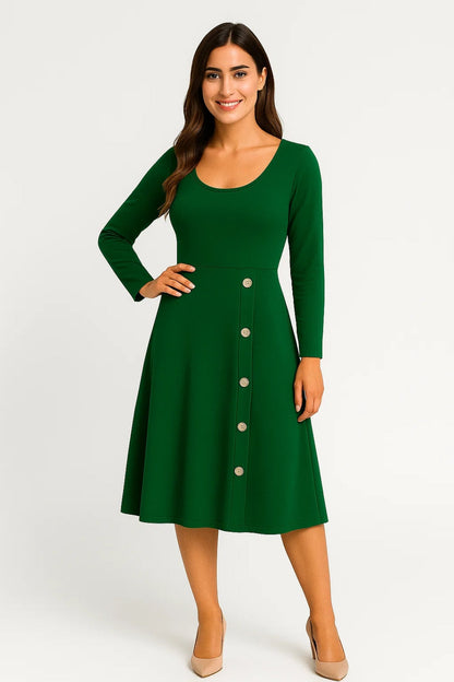 Robe midi à boutons décoratifs | Robe à manches longues évasée | Légère et respirante