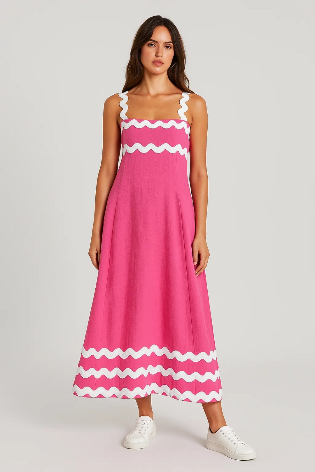 Robe midi à bretelles larges ondulées | Robe contrastée évasée | Légère et respirante