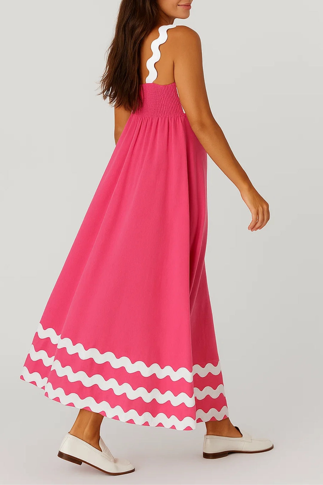 Robe midi à bretelles larges ondulées | Robe contrastée évasée | Légère et respirante