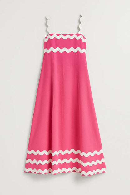 Robe midi à bretelles larges ondulées | Robe contrastée évasée | Légère et respirante