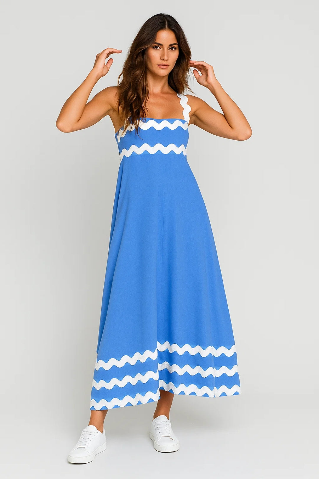 Robe midi à bretelles larges ondulées | Robe contrastée évasée | Légère et respirante