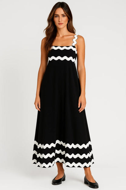 Robe midi à bretelles larges ondulées | Robe contrastée évasée | Légère et respirante