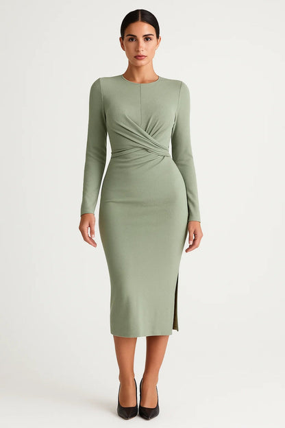Robe midi élégante à manches longues | Robe ajustée avec drapé croisé | Légère et respirante