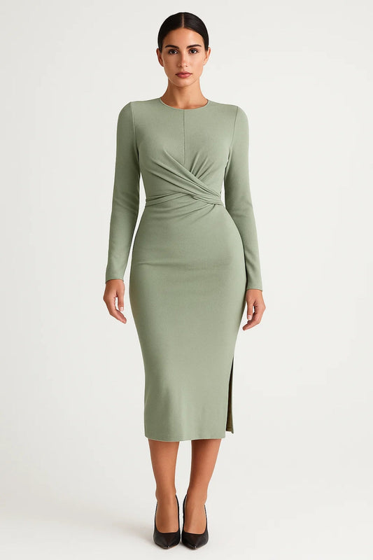 Robe midi élégante à manches longues | Robe ajustée avec drapé croisé | Légère et respirante