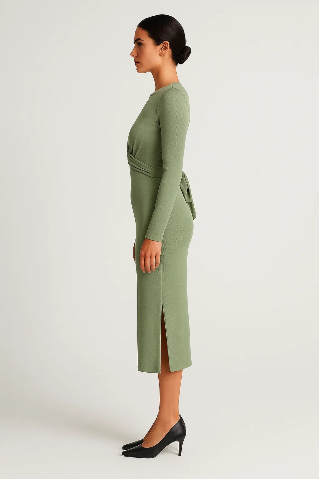 Robe midi élégante à manches longues | Robe ajustée avec drapé croisé | Légère et respirante