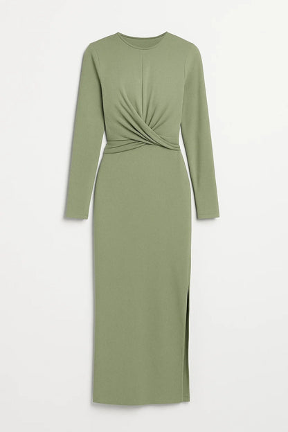 Robe midi élégante à manches longues | Robe ajustée avec drapé croisé | Légère et respirante