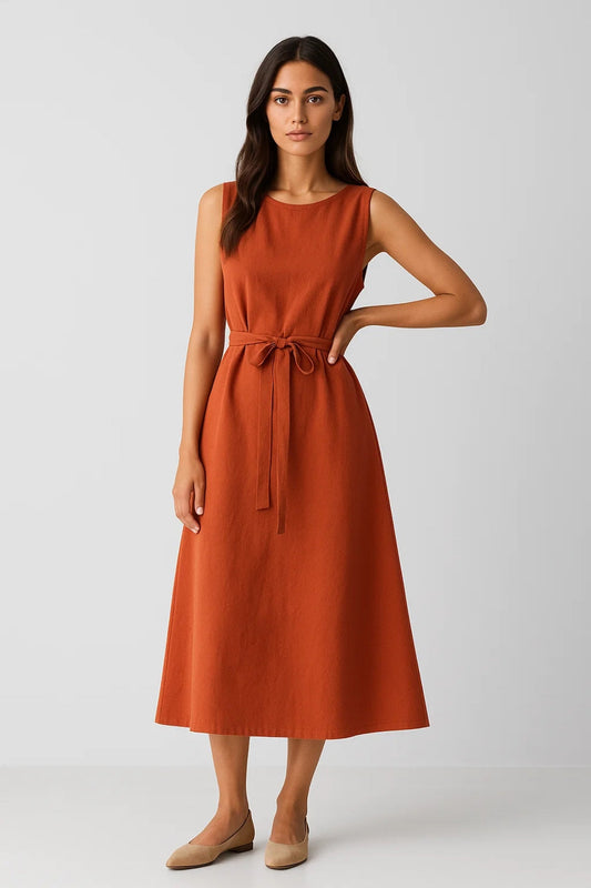 Robe midi sans manches ceinturée | Robe épurée à encolure ronde | Légère et respirante