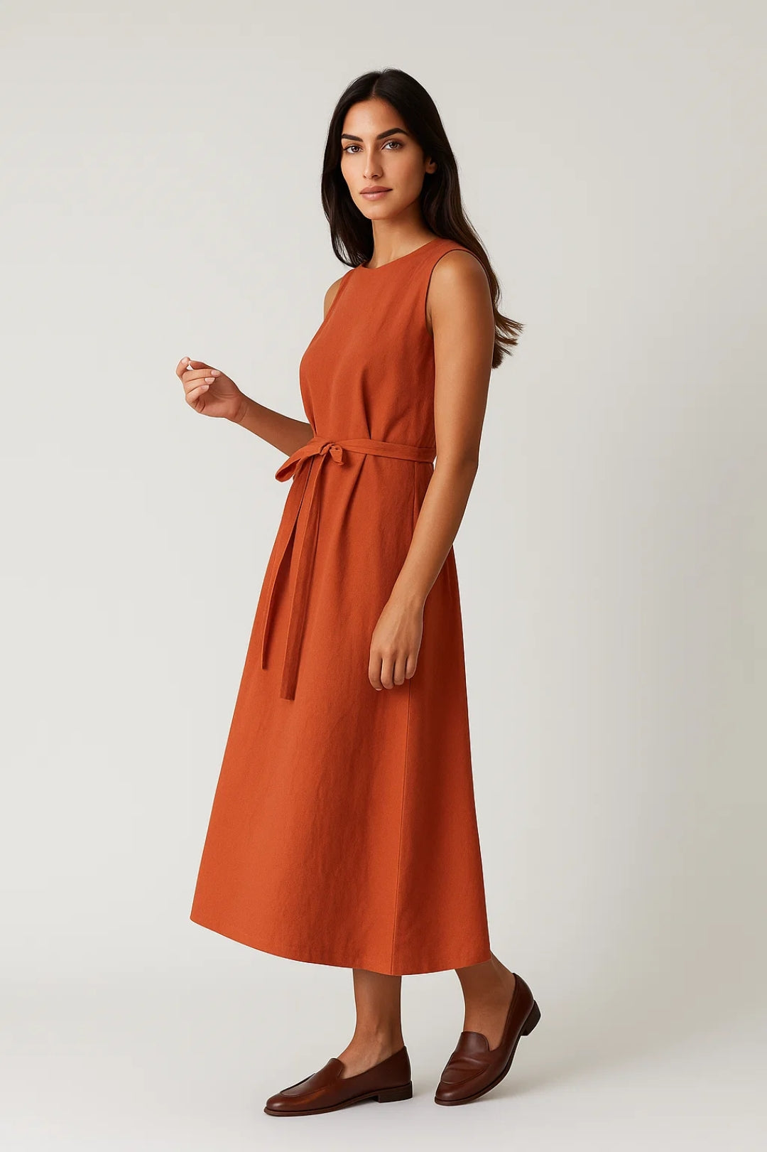 Robe midi sans manches ceinturée | Robe épurée à encolure ronde | Légère et respirante