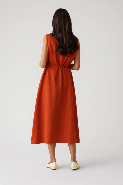 Robe midi sans manches ceinturée | Robe épurée à encolure ronde | Légère et respirante