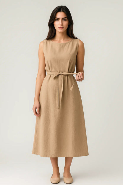 Robe midi sans manches ceinturée | Robe épurée à encolure ronde | Légère et respirante