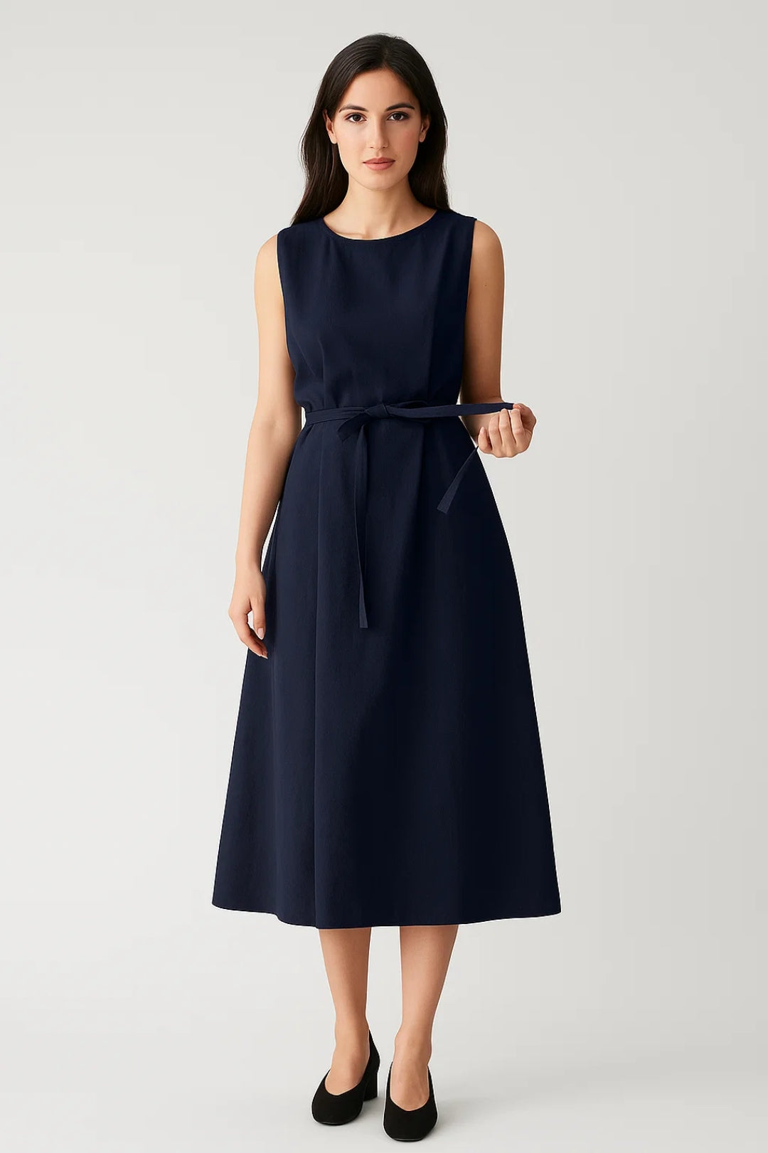 Robe midi sans manches ceinturée | Robe épurée à encolure ronde | Légère et respirante