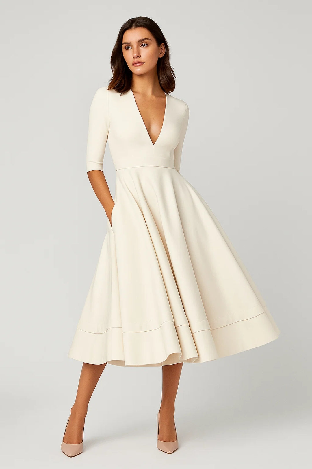 Robe midi évasée femme | Robe à manches mi-longues et col en V | Élégante et intemporelle