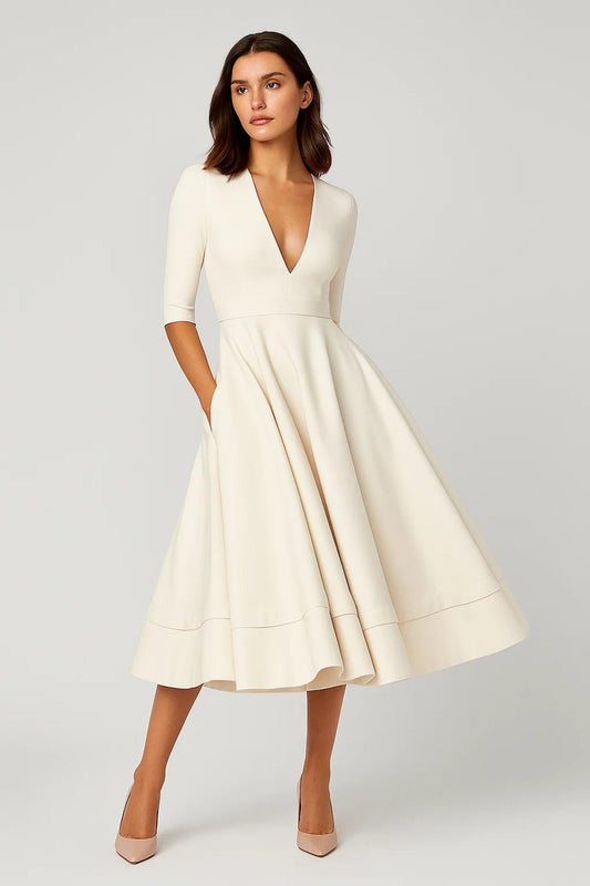 Robe midi évasée femme | Robe à manches mi-longues et col en V | Élégante et intemporelle