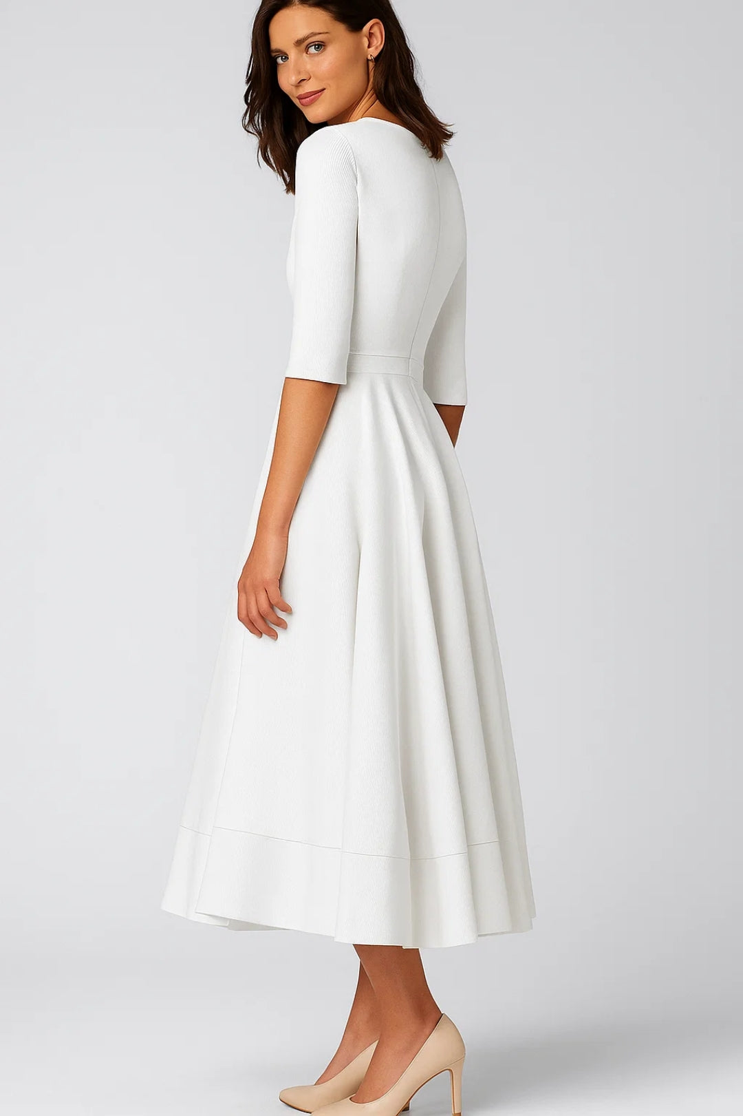 Robe midi évasée femme | Robe à manches mi-longues et col en V | Élégante et intemporelle