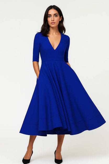 Robe midi évasée femme | Robe à manches mi-longues et col en V | Élégante et intemporelle