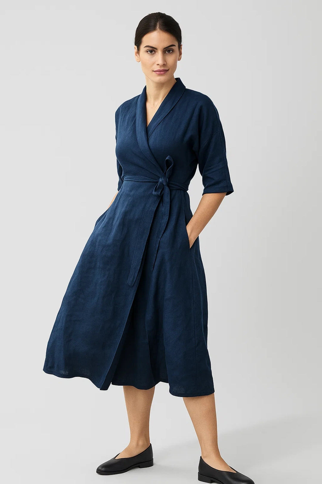 Robe portefeuille midi à manches 3/4 | Robe croisée ceinturée | Légère et respirante