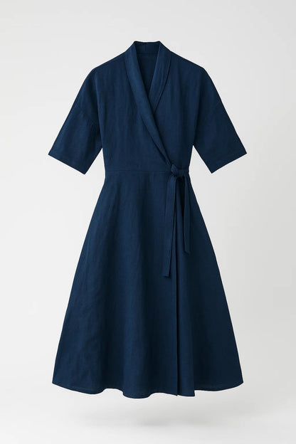 Robe portefeuille midi à manches 3/4 | Robe croisée ceinturée | Légère et respirante