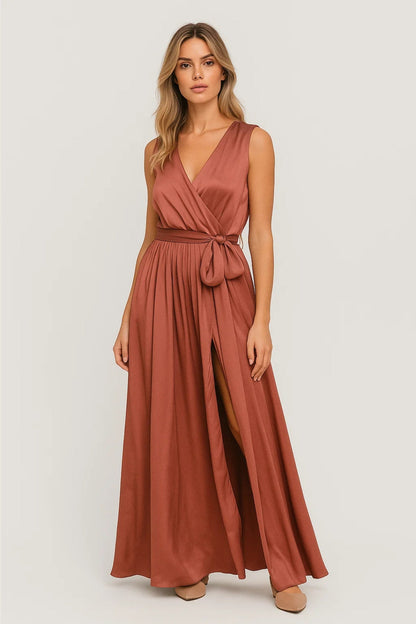 Robe portefeuille nouée | Robe longue sans manches | Légère et respirante