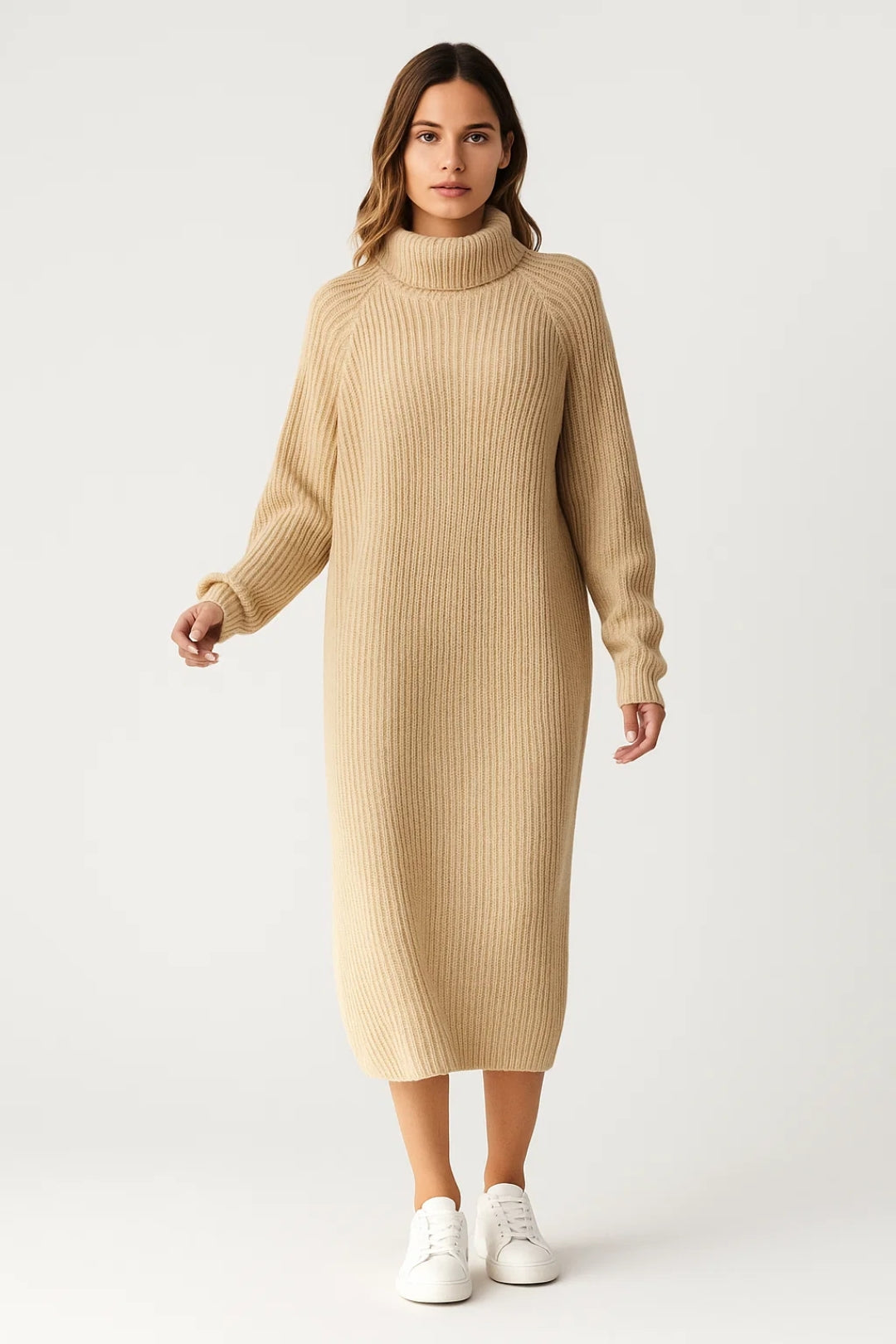Robe pull col roulé femme | Robe longue côtelée | Chaude et confortable