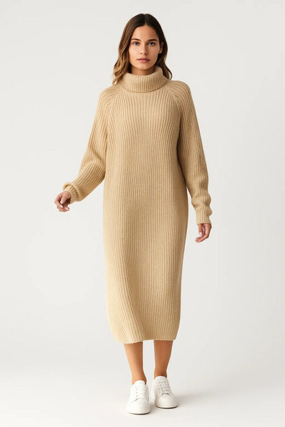 Robe pull col roulé femme | Robe longue côtelée | Chaude et confortable