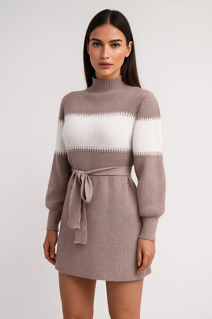 Robe pull courte ceinturée | Robe en maille à col montant | Légère et respirante