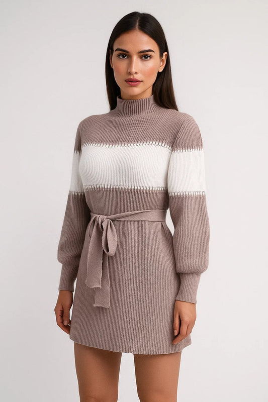 Robe pull courte ceinturée | Robe en maille à col montant | Légère et respirante