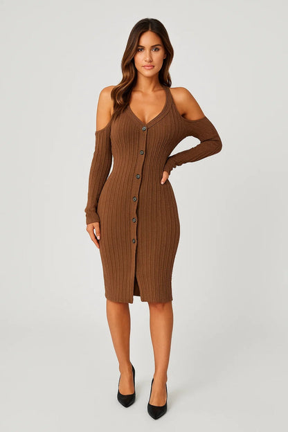 Robe pull à épaules dénudées | Robe moulante à boutons | Légère et respirante