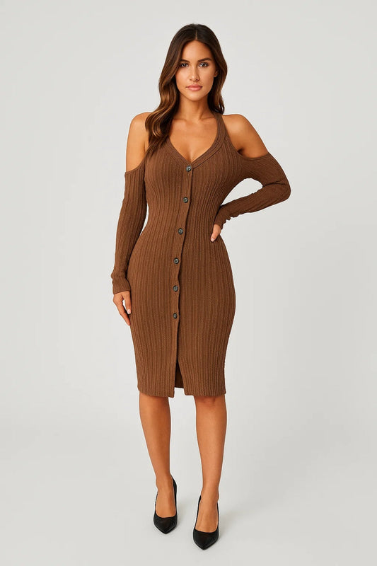 Robe pull à épaules dénudées | Robe moulante à boutons | Légère et respirante