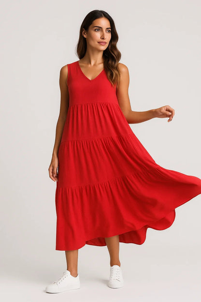 Robe évasée sans manches | Robe midi à étages | Légère et respirante