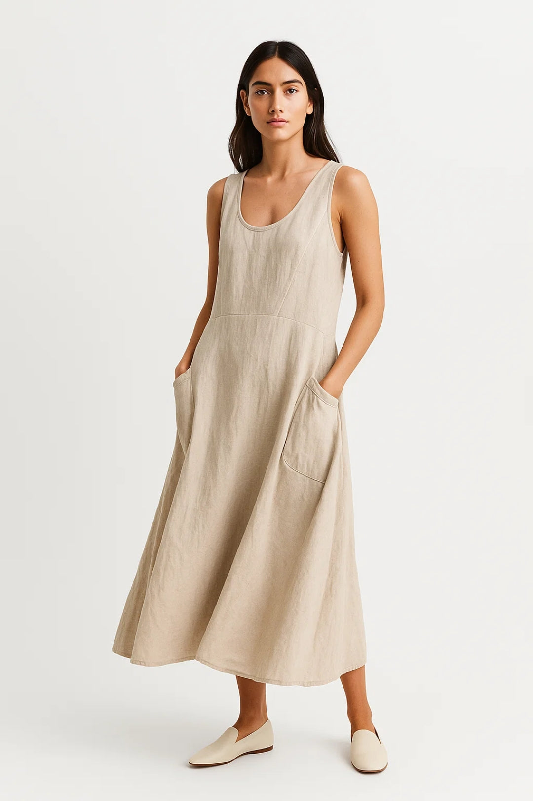 Robe évasée sans manches femme | Robe midi à poches | Légère et décontractée