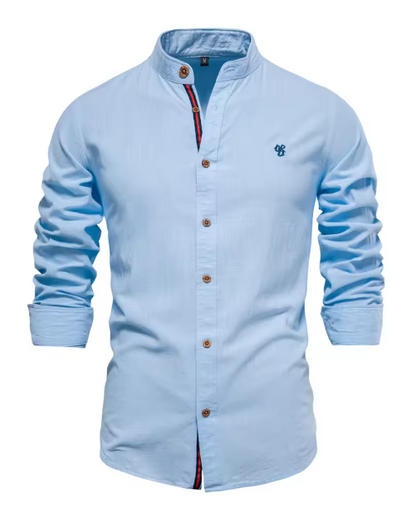 Hugo - Chemise en Lin Homme Chic avec Col Mao et Boutons Contrastés