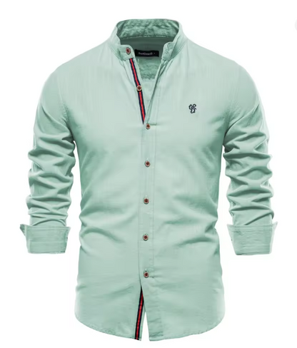 Hugo - Chemise en Lin Homme Chic avec Col Mao et Boutons Contrastés