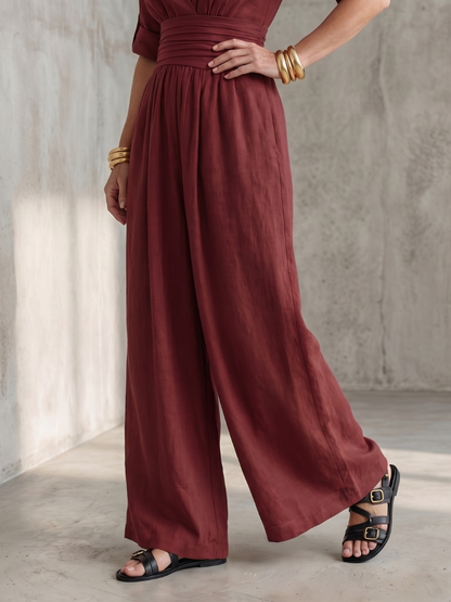 Rosalie - Combinaison en Lin Femme Élégante Col Croisé et Ceinture Smockée Jambe Large