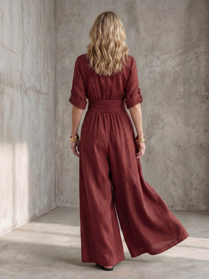 Rosalie - Combinaison en Lin Femme Élégante Col Croisé et Ceinture Smockée Jambe Large