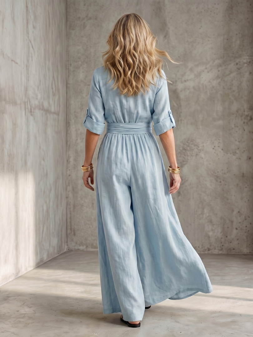 Rosalie - Combinaison en Lin Femme Élégante Col Croisé et Ceinture Smockée Jambe Large