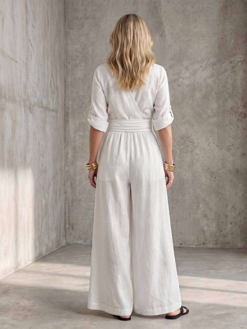 Rosalie - Combinaison en Lin Femme Élégante Col Croisé et Ceinture Smockée Jambe Large