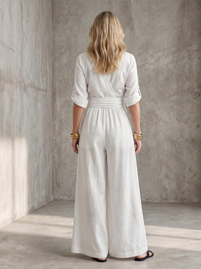 Rosalie - Combinaison en Lin Femme Élégante Col Croisé et Ceinture Smockée Jambe Large