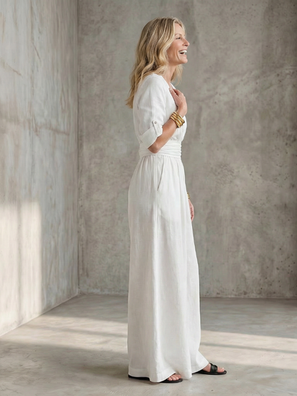 Rosalie - Combinaison en Lin Femme Élégante Col Croisé et Ceinture Smockée Jambe Large