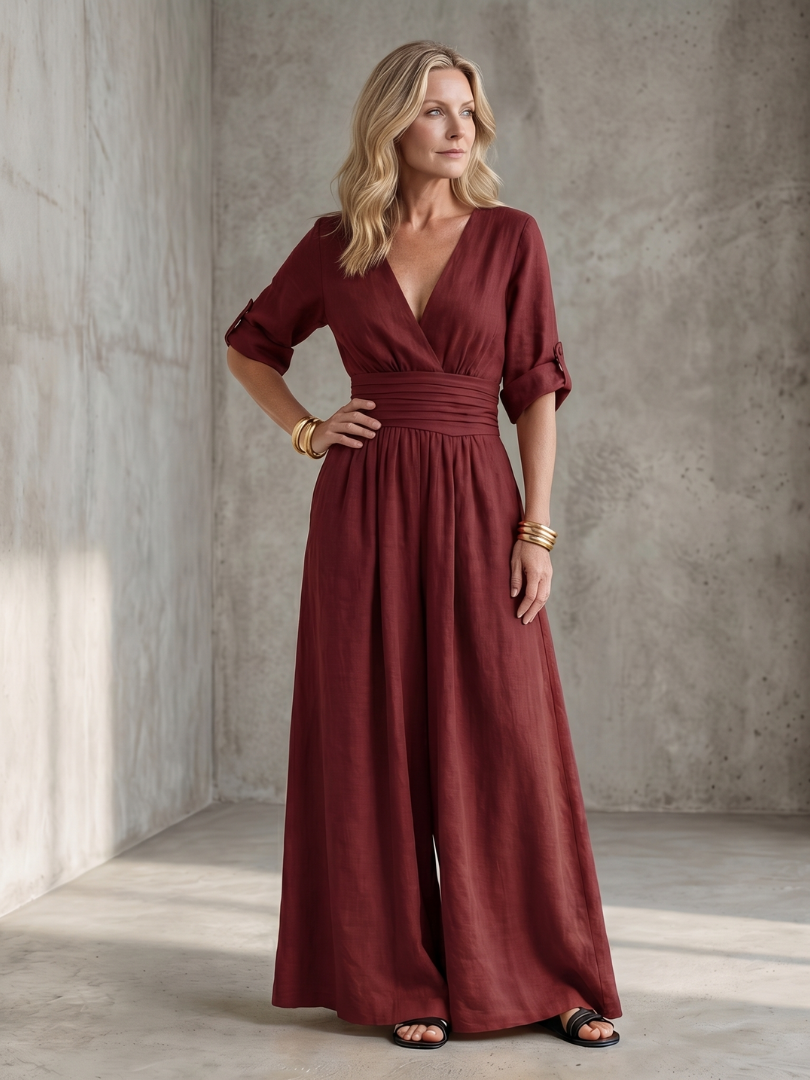 Rosalie - Combinaison en Lin Femme Élégante Col Croisé et Ceinture Smockée Jambe Large