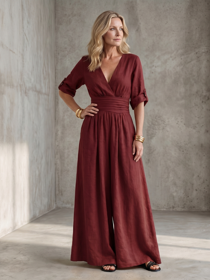 Rosalie - Combinaison en Lin Femme Élégante Col Croisé et Ceinture Smockée Jambe Large