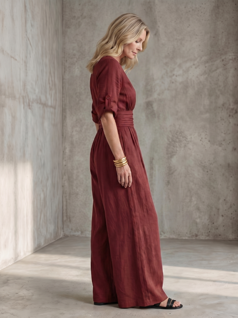 Rosalie - Combinaison en Lin Femme Élégante Col Croisé et Ceinture Smockée Jambe Large