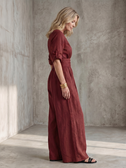 Rosalie - Combinaison en Lin Femme Élégante Col Croisé et Ceinture Smockée Jambe Large