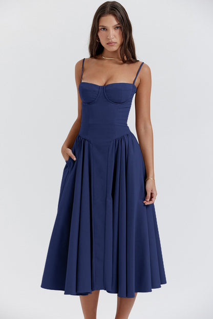 Rosalie - Robe Invitée Mariage Femme Midi Bustier Corset à Bretelles Fines et Jupe Plissée Chic