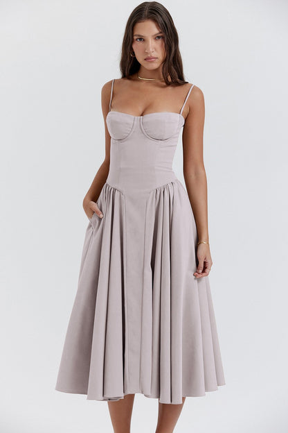 Rosalie - Robe Invitée Mariage Femme Midi Bustier Corset à Bretelles Fines et Jupe Plissée Chic