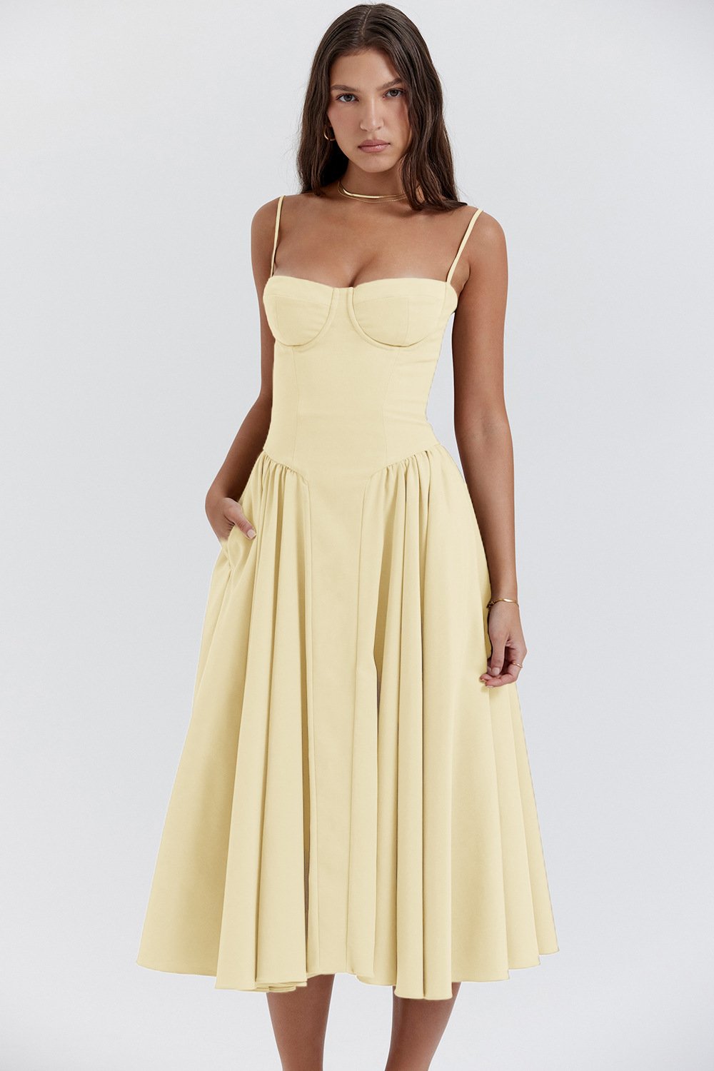 Rosalie - Robe Invitée Mariage Femme Midi Bustier Corset à Bretelles Fines et Jupe Plissée Chic