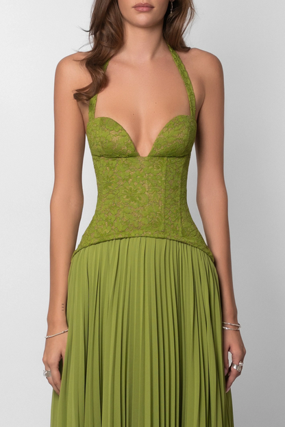 Rosalie - Robe Invitée Mariage Femme Élégante à Bretelles Croisées avec Haut Brodé et Jupe Plissée