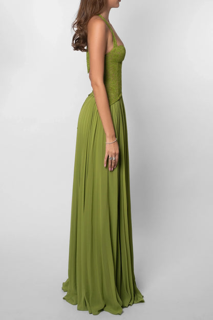 Rosalie - Robe Invitée Mariage Femme Élégante à Bretelles Croisées avec Haut Brodé et Jupe Plissée