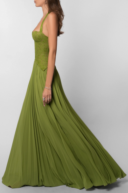 Rosalie - Robe Invitée Mariage Femme Élégante à Bretelles Croisées avec Haut Brodé et Jupe Plissée