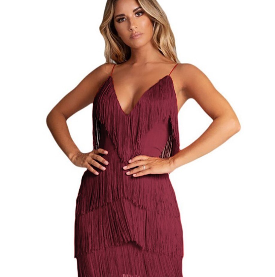 Roxane - Robe Invitée Mariage Femme à Franges Étagées avec Col V Plongeant et Bretelles Fines